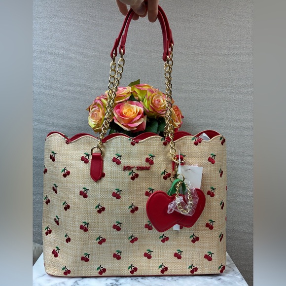 Betsey Johnson Handbags - Betsey Johnson Raffia Cherries XOTOTE-L BM30065 Tote Bag - NWT w/ Bonus Charm